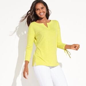 T by Talbots Split Neck Cool Slub 3/4 Cinched Sleeve Top Yellow Chiffon Size PS